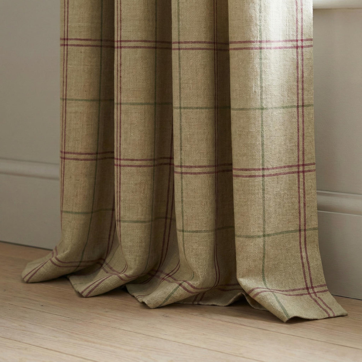 Beige Windowpane Linen Curtains, Burgundy & Sage Plaid Drapes, Farmhouse Panels, Custom Size, Unlined/Cotton/Blackout — image 3