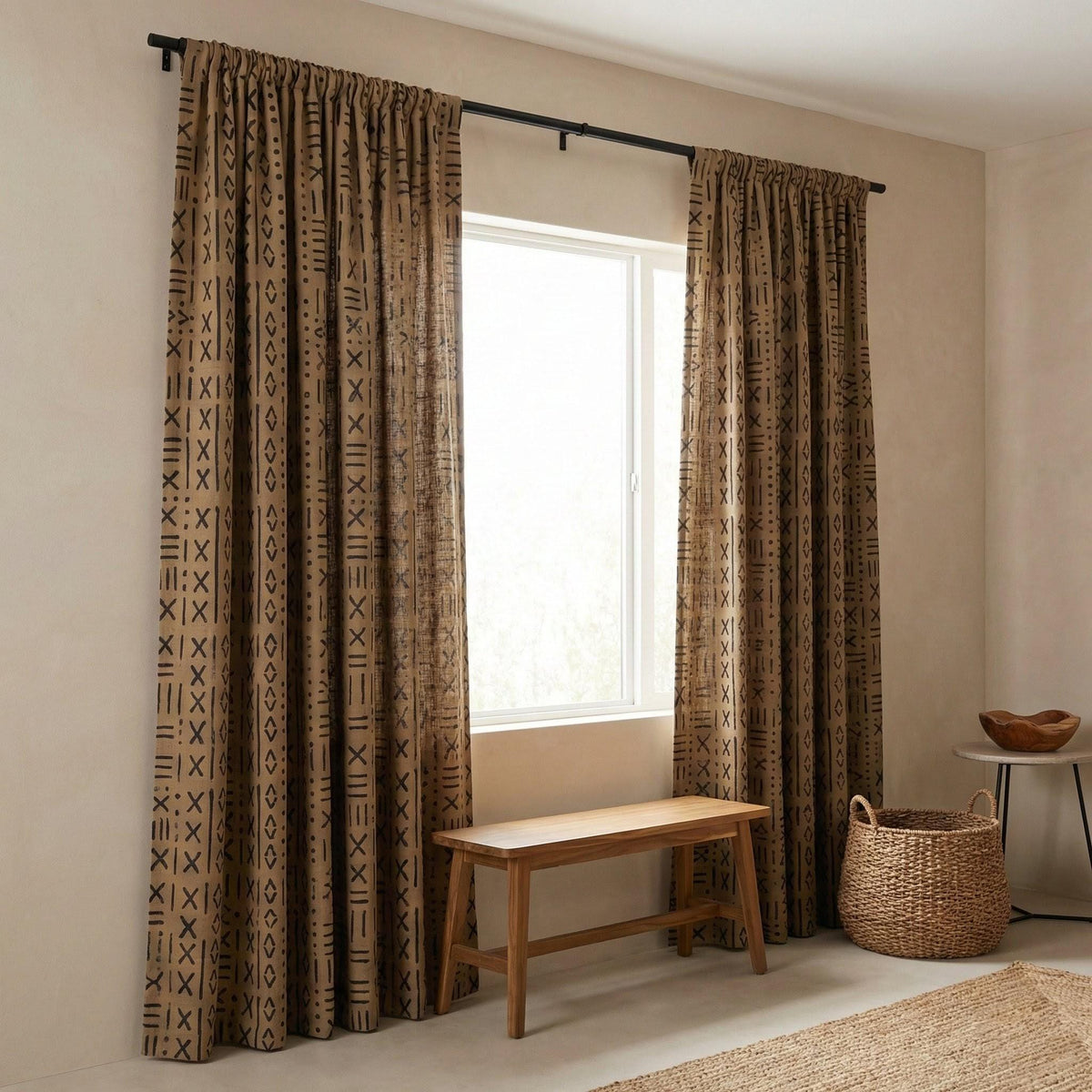 Taupe Linen Curtains, Black Mudcloth Tribal Print, Custom Size — image 5