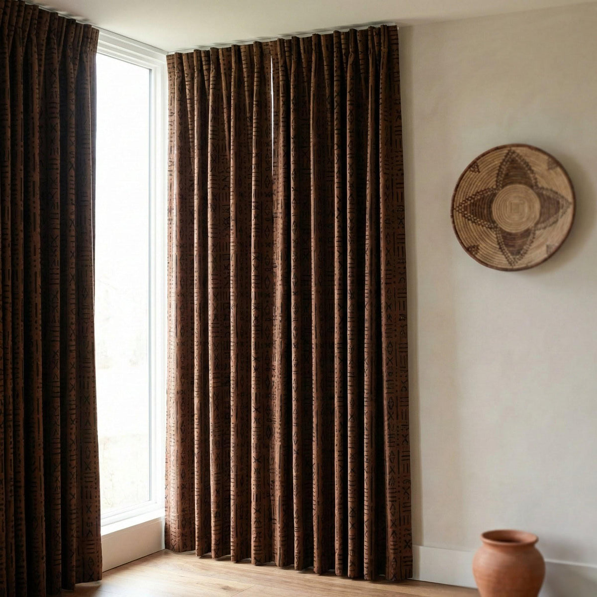 Rust Brown Linen Curtains, Black Tribal Mudcloth Print, Custom Size — image 8