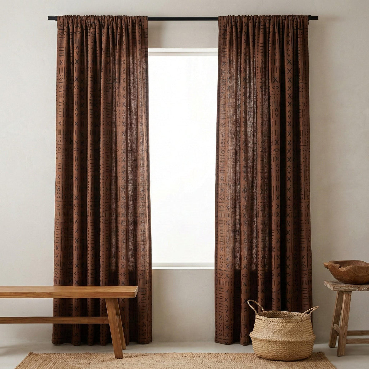 Rust Brown Linen Curtains, Black Tribal Mudcloth Print, Custom Size — image 6