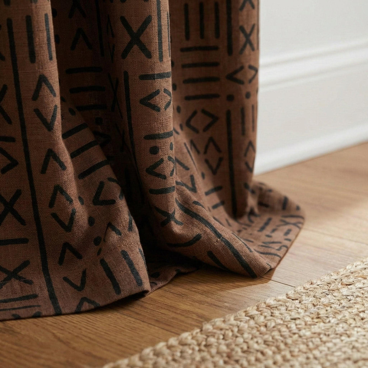 Rust Brown Linen Curtains, Black Tribal Mudcloth Print, Custom Size — image 5