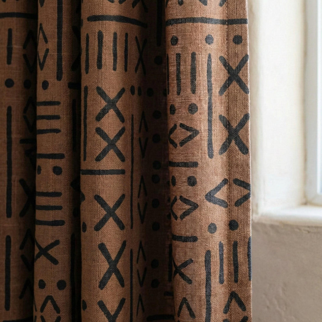 Rust Brown Linen Curtains, Black Tribal Mudcloth Print, Custom Size — image 1