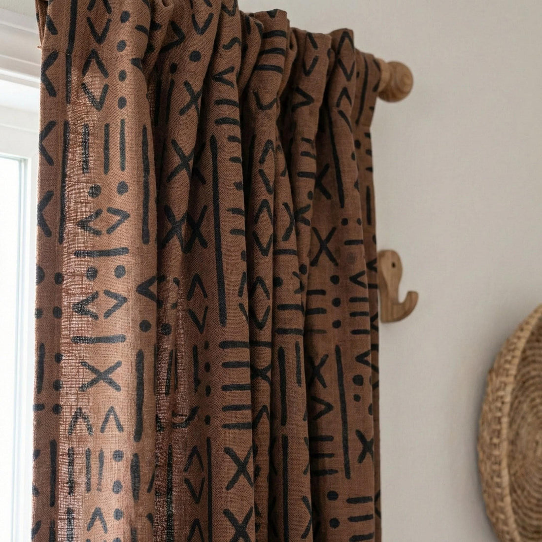 Rust Brown Linen Curtains, Black Tribal Mudcloth Print, Custom Size — image 1