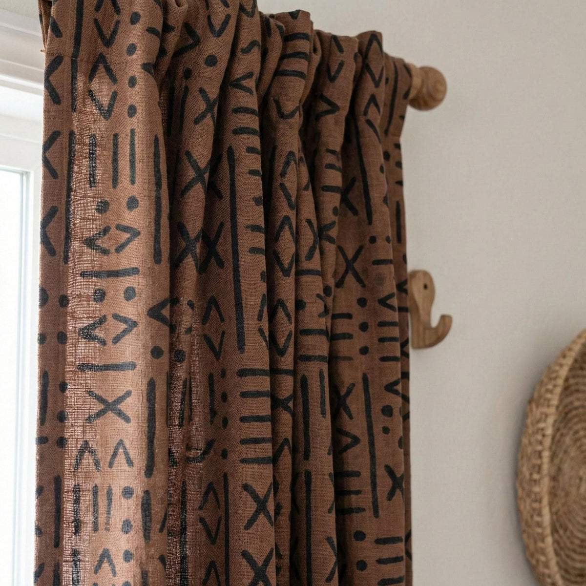 Rust Brown Linen Curtains, Black Tribal Mudcloth Print, Custom Size — image 2