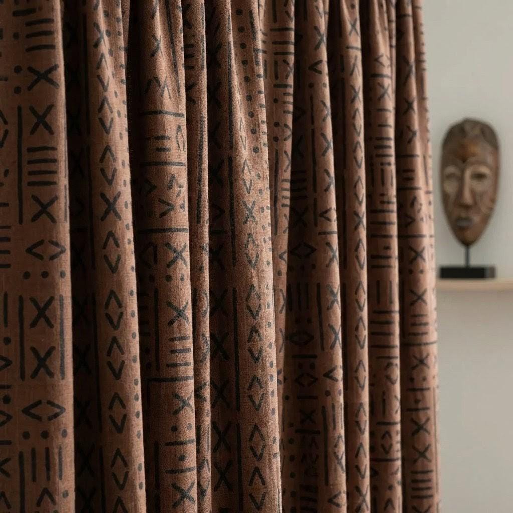 Rust Brown Linen Curtains, Black Tribal Mudcloth Print, Custom Size — image 7