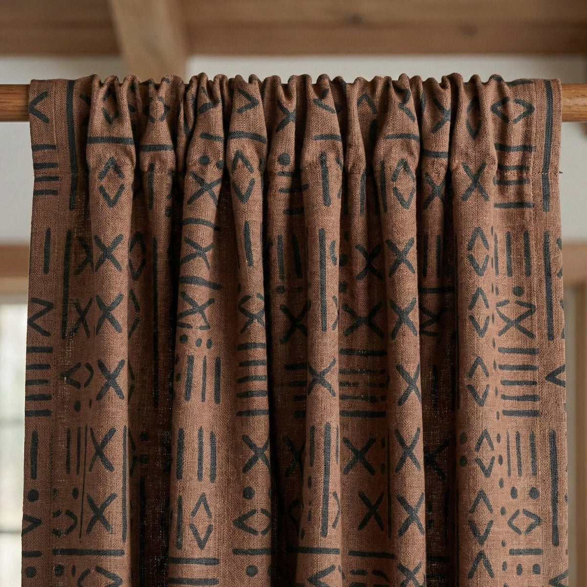 Rust Brown Linen Curtains, Black Tribal Mudcloth Print, Custom Size — image 9