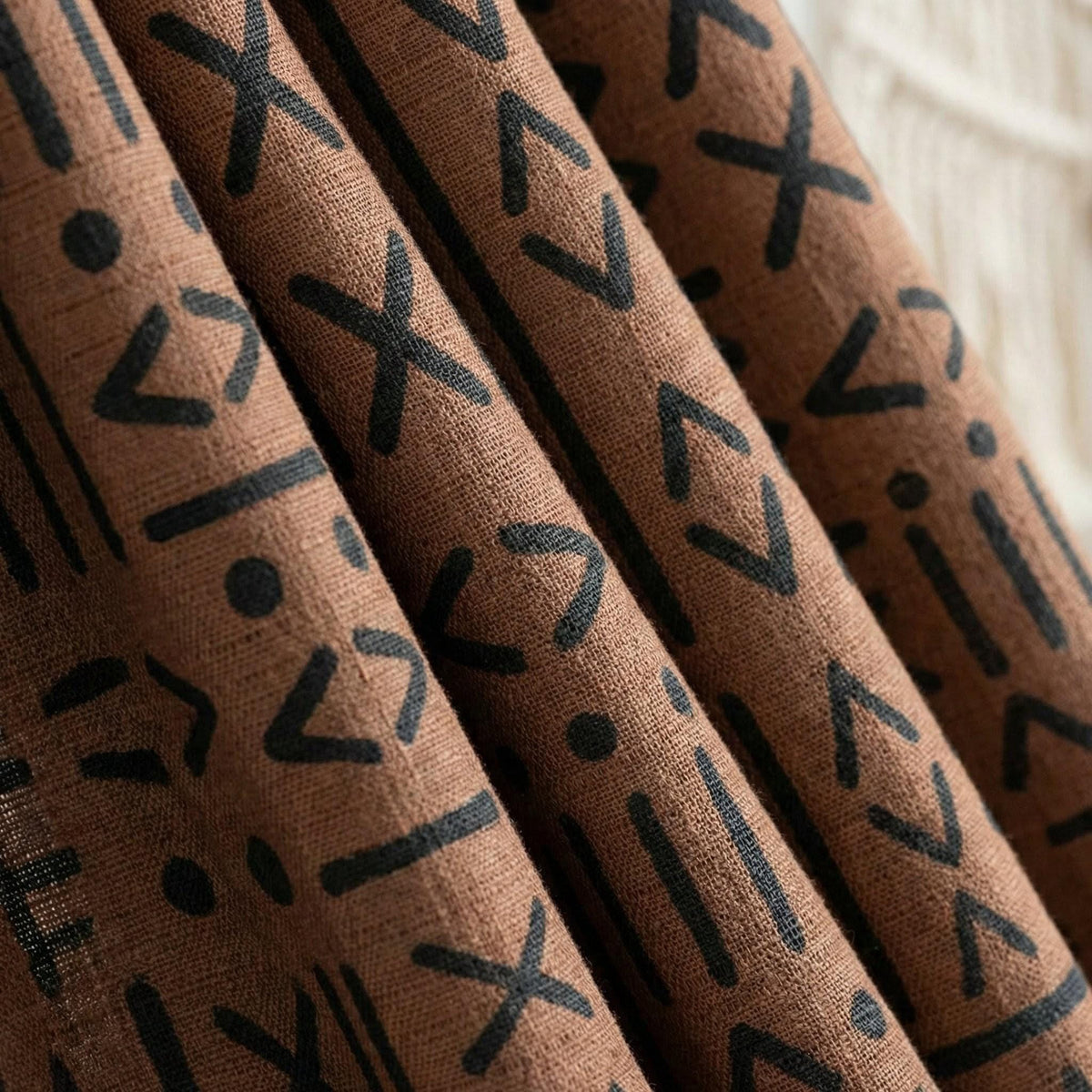 Rust Brown Linen Curtains, Black Tribal Mudcloth Print, Custom Size — image 10
