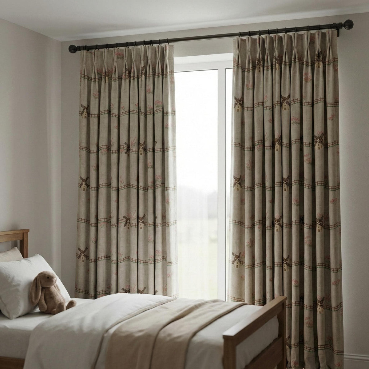 Embroidered Linen Curtains: Windmill Design, Natural Beige — image 7