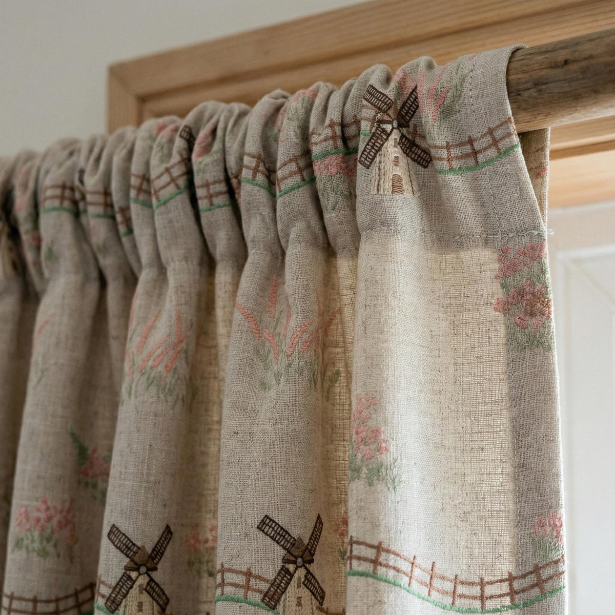 Embroidered Linen Curtains: Windmill Design, Natural Beige — image 10