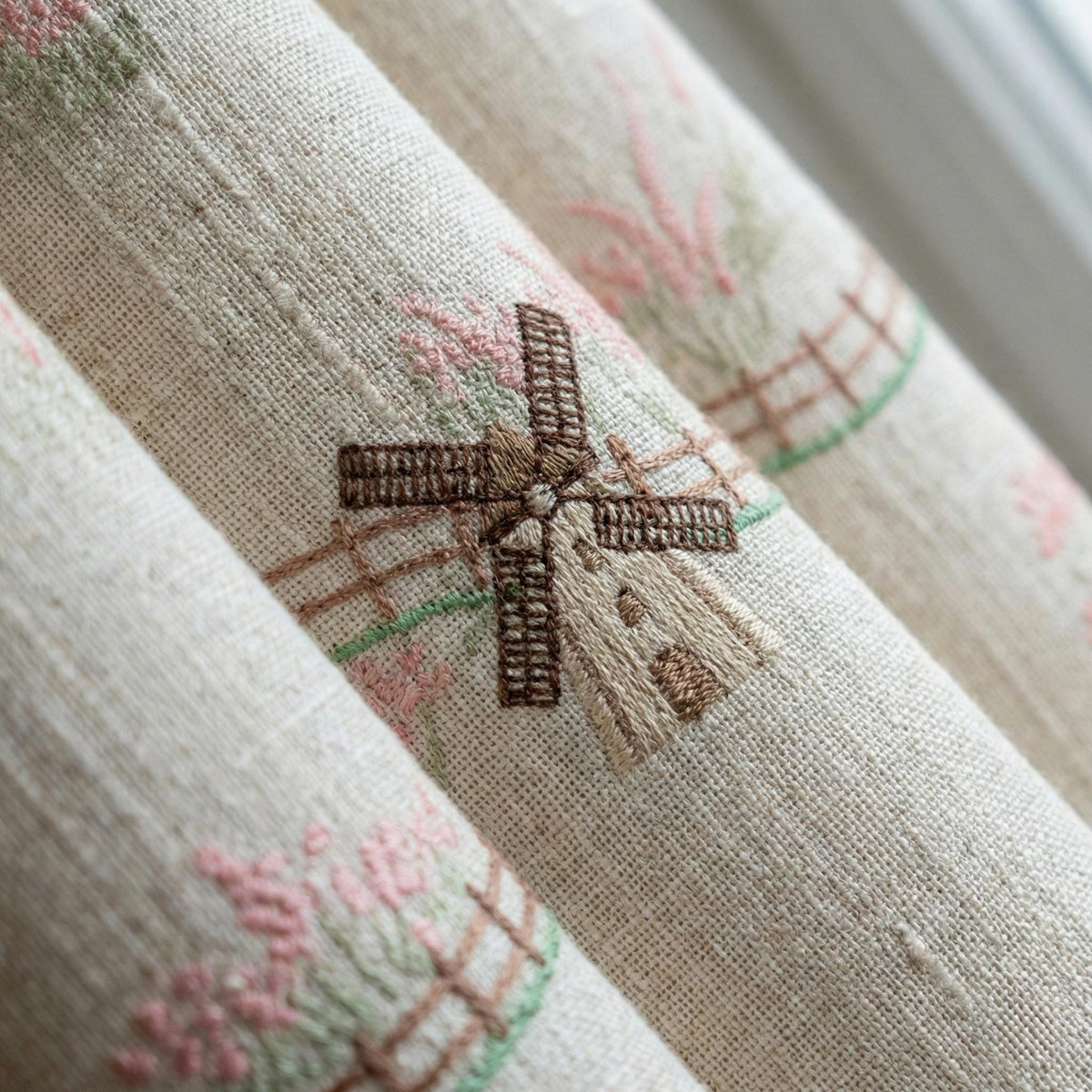 Embroidered Linen Curtains: Windmill Design, Natural Beige — image 3
