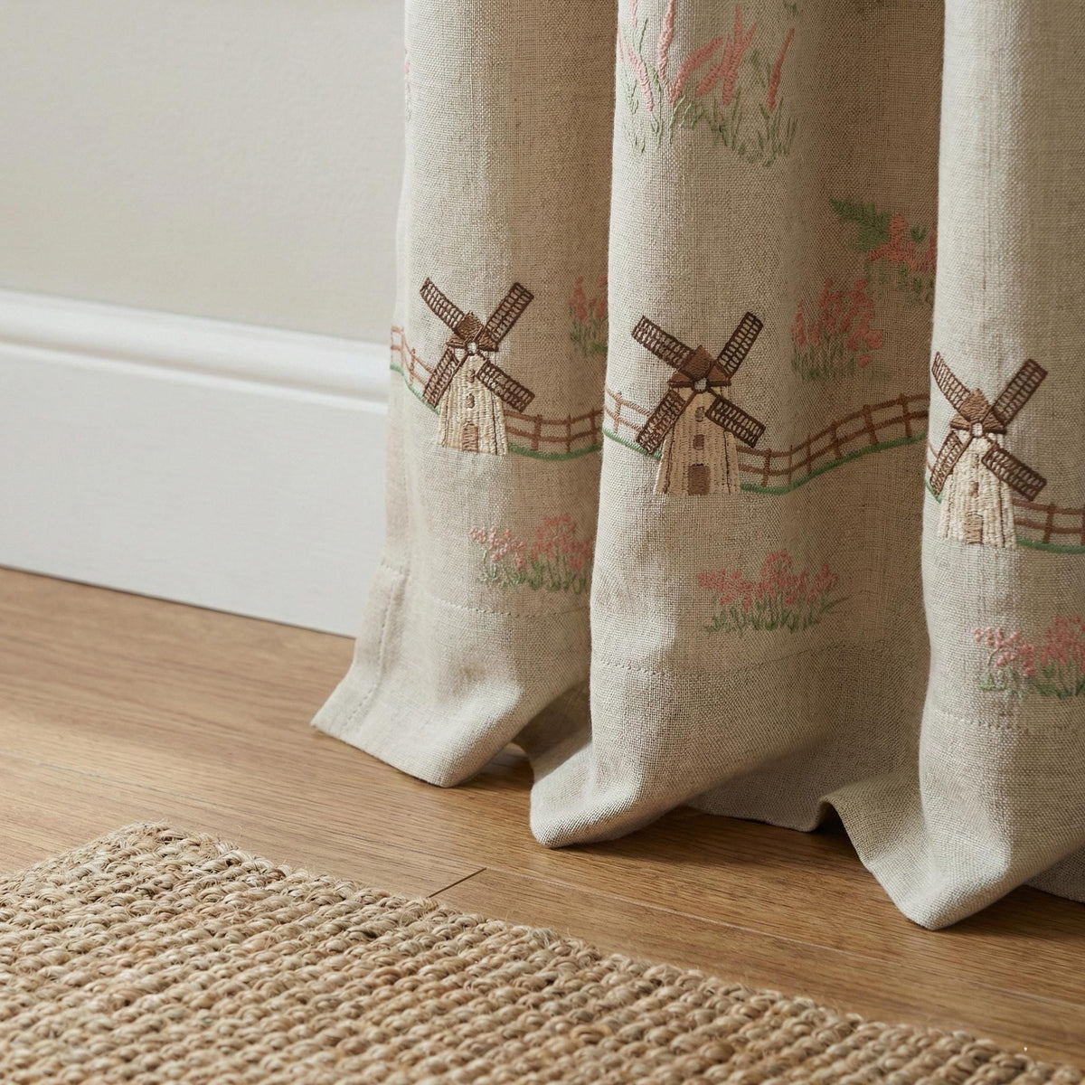 Embroidered Linen Curtains: Windmill Design, Natural Beige — image 6