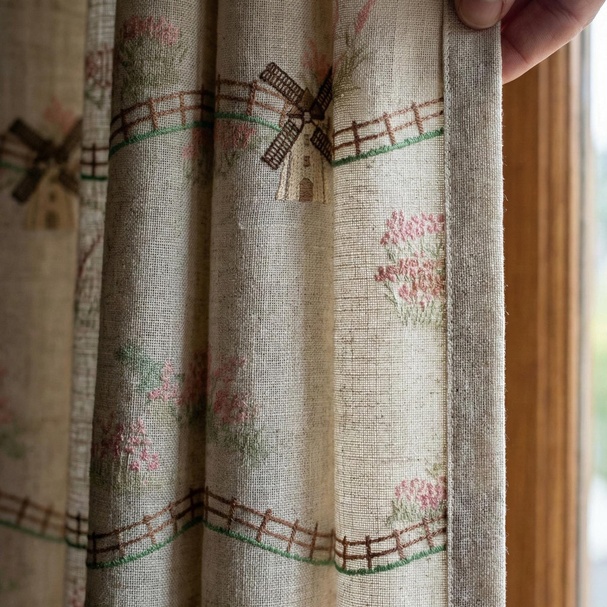 Embroidered Linen Curtains: Windmill Design, Natural Beige — image 9