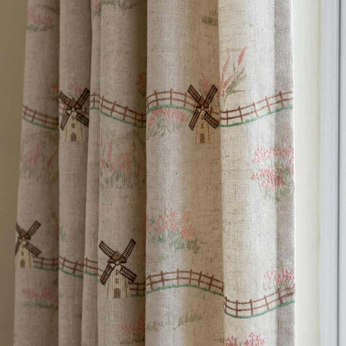 Embroidered Linen Curtains: Windmill Design, Natural Beige — image 1