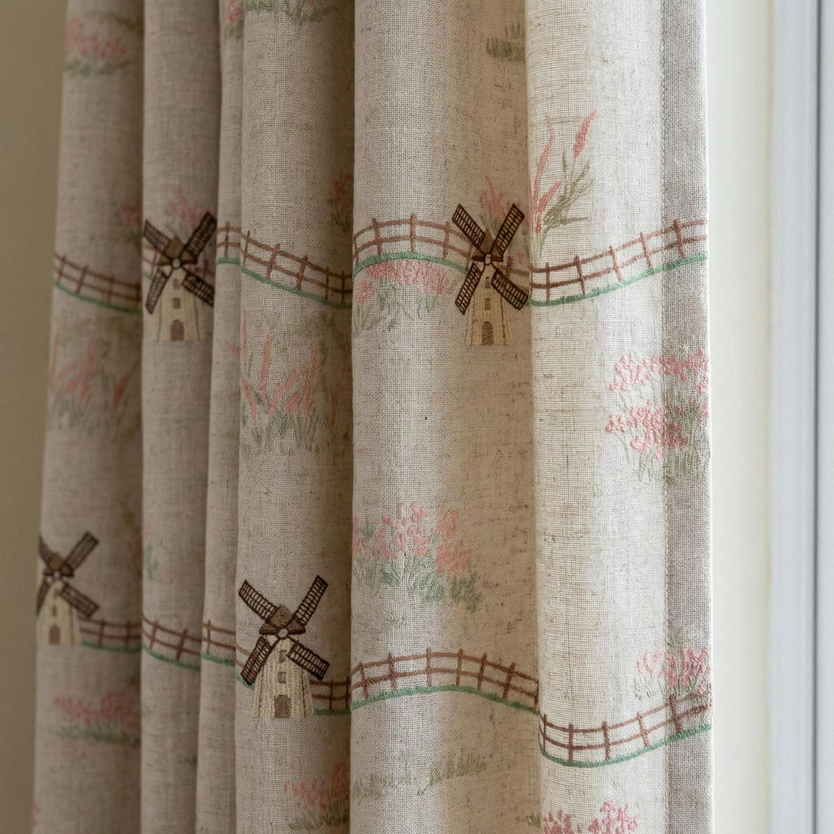Embroidered Linen Curtains: Windmill Design, Natural Beige — image 1