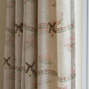 Embroidered Linen Curtains: Windmill Design, Natural Beige — image 1