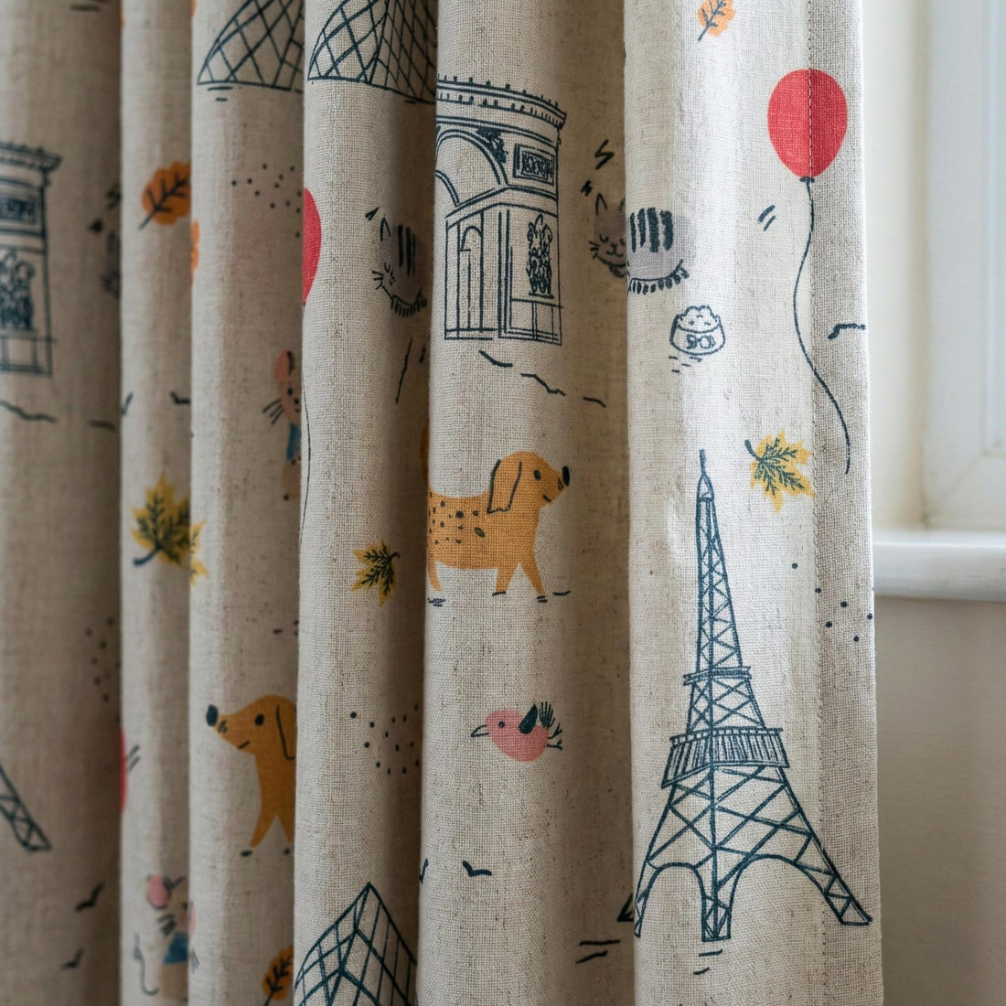 Paris Animals Linen Nursery Curtains, Eiffel Tower Print, Kids Room — image 1