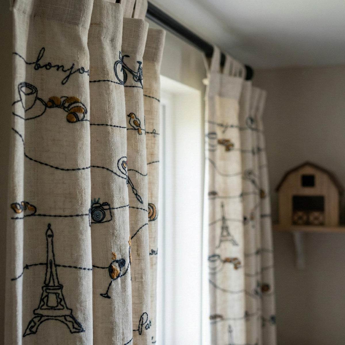 Embroidered Linen Nursery Curtains, Paris Theme, White Linen Drapes — image 4