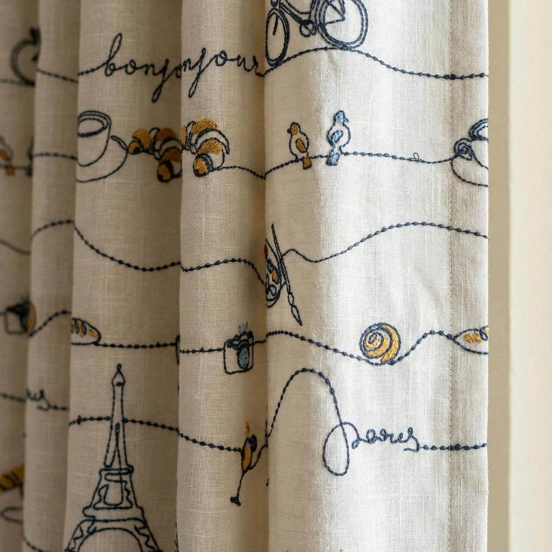 Embroidered Linen Nursery Curtains, Paris Theme, White Linen Drapes — image 1