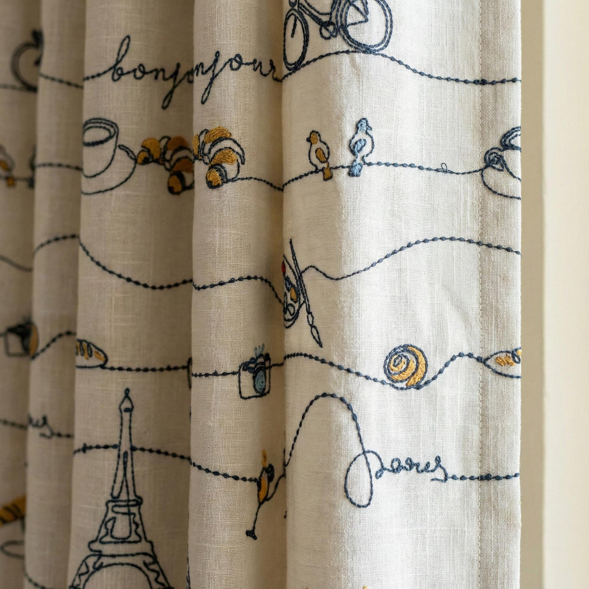Embroidered Linen Nursery Curtains, Paris Theme, White Linen Drapes — image 1