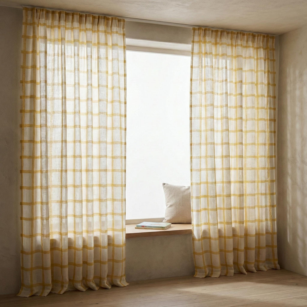 White Linen Sheer Curtains, Mustard Windowpane Plaid, Kids Nursery Drapes — image 9