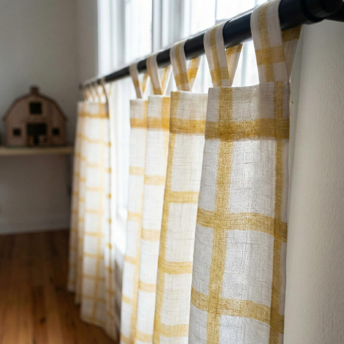 White Linen Sheer Curtains, Mustard Windowpane Plaid, Kids Nursery Drapes — image 7