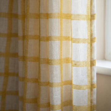 White Linen Sheer Curtains, Mustard Windowpane Plaid, Kids Nursery Drapes — image 1