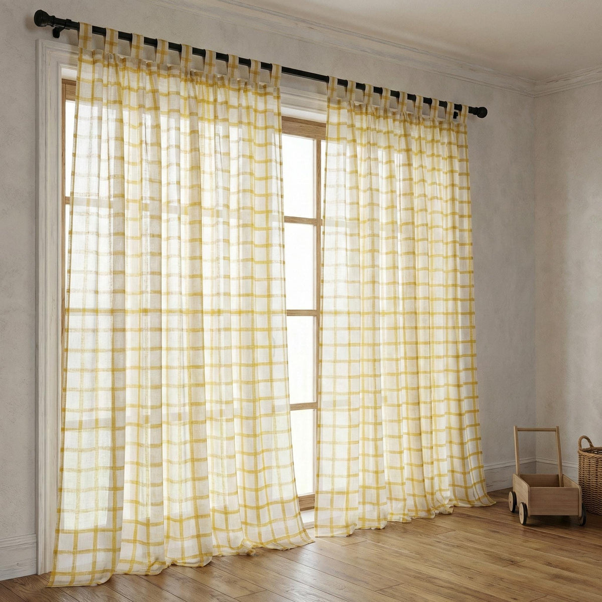 White Linen Sheer Curtains, Mustard Windowpane Plaid, Kids Nursery Drapes — image 5