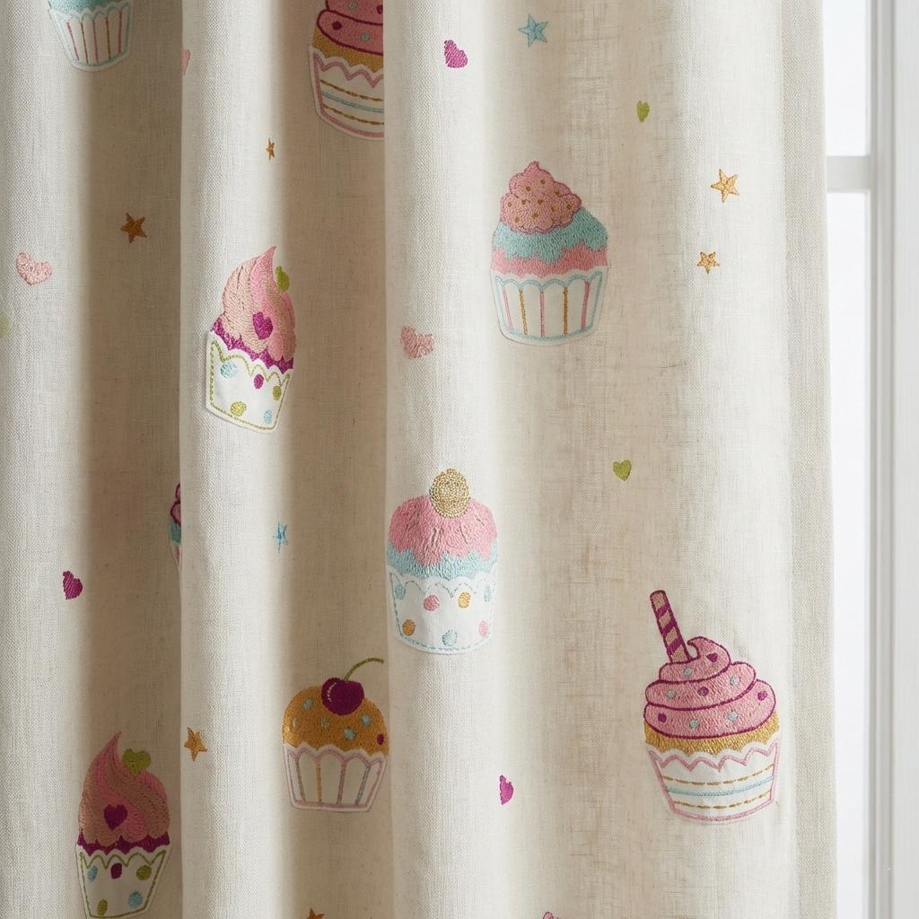 Embroidered Cupcake Linen Blackout Curtains, Kids Nursery Drapes — image 1