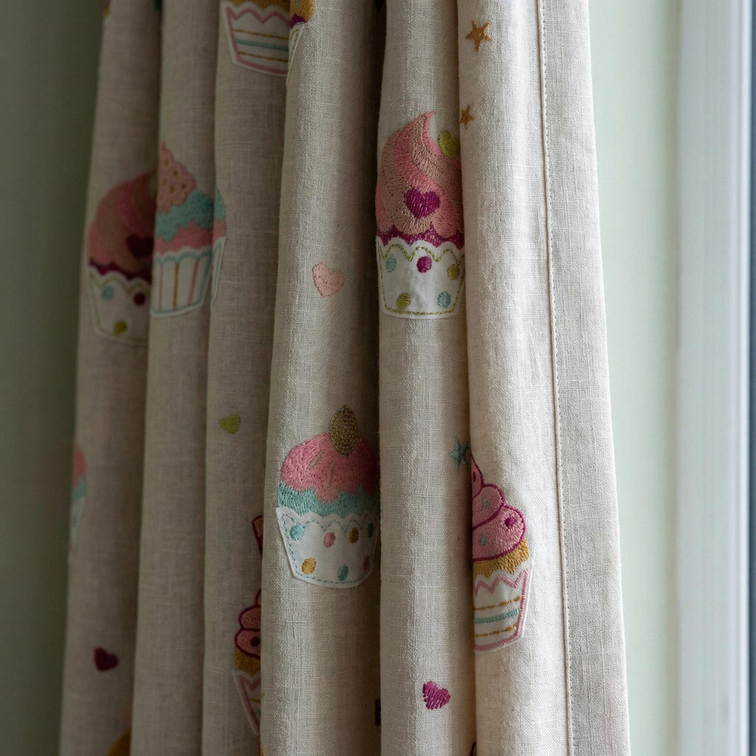 Embroidered Cupcake Linen Blackout Curtains, Kids Nursery Drapes — image 1