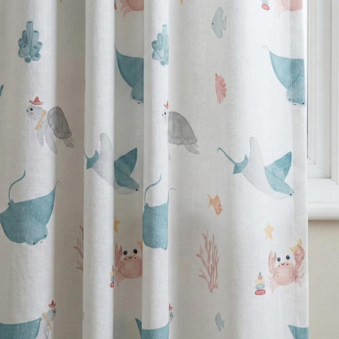 Ocean Animals Linen Nursery Curtains, Coastal Kids Room Drapes — image 1