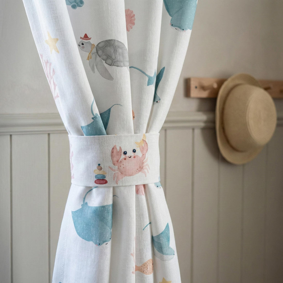 Ocean Animals Linen Nursery Curtains, Coastal Kids Room Drapes — image 1