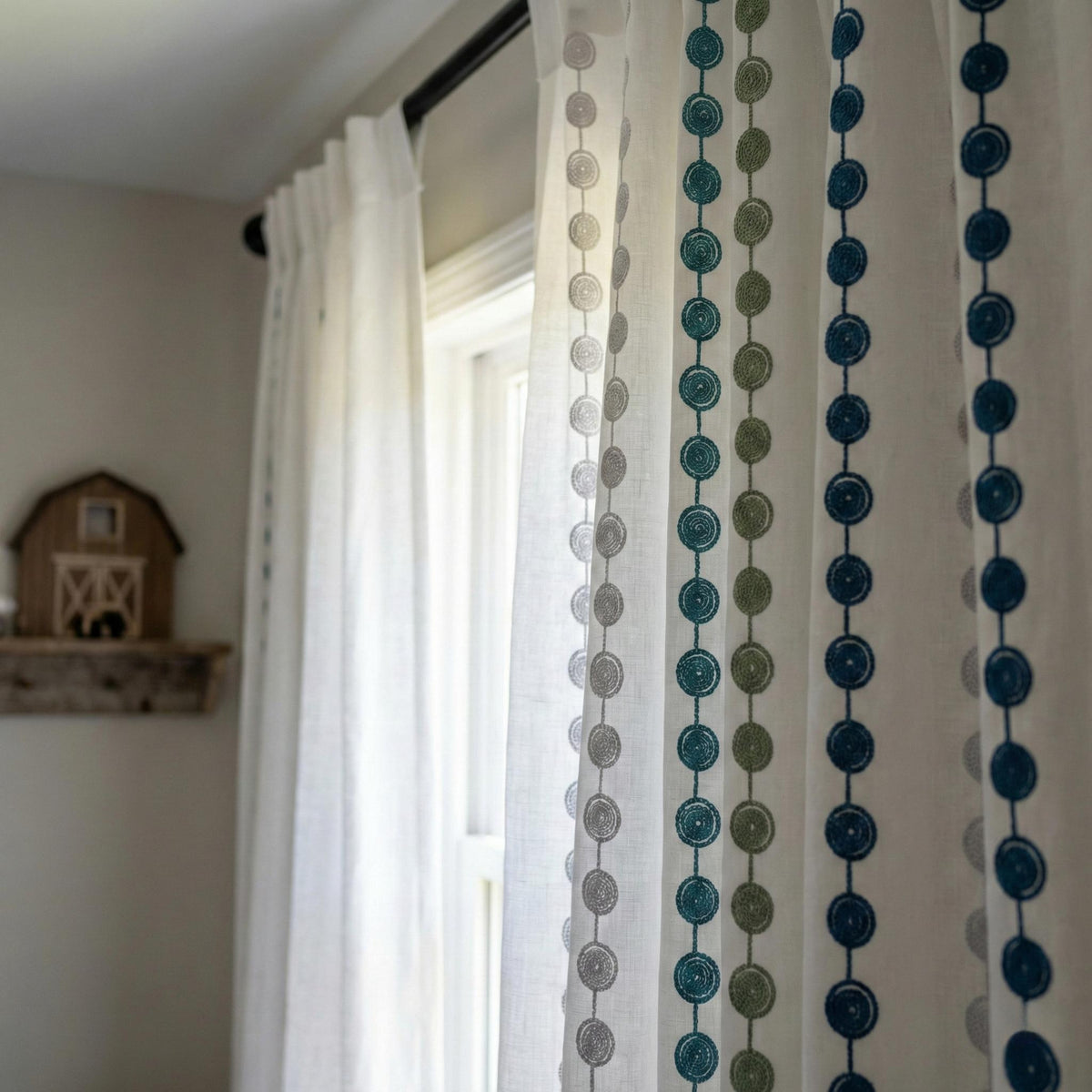 Embroidered Linen Curtains, Dot Stripe, Nursery Kids Room Drapes — image 6