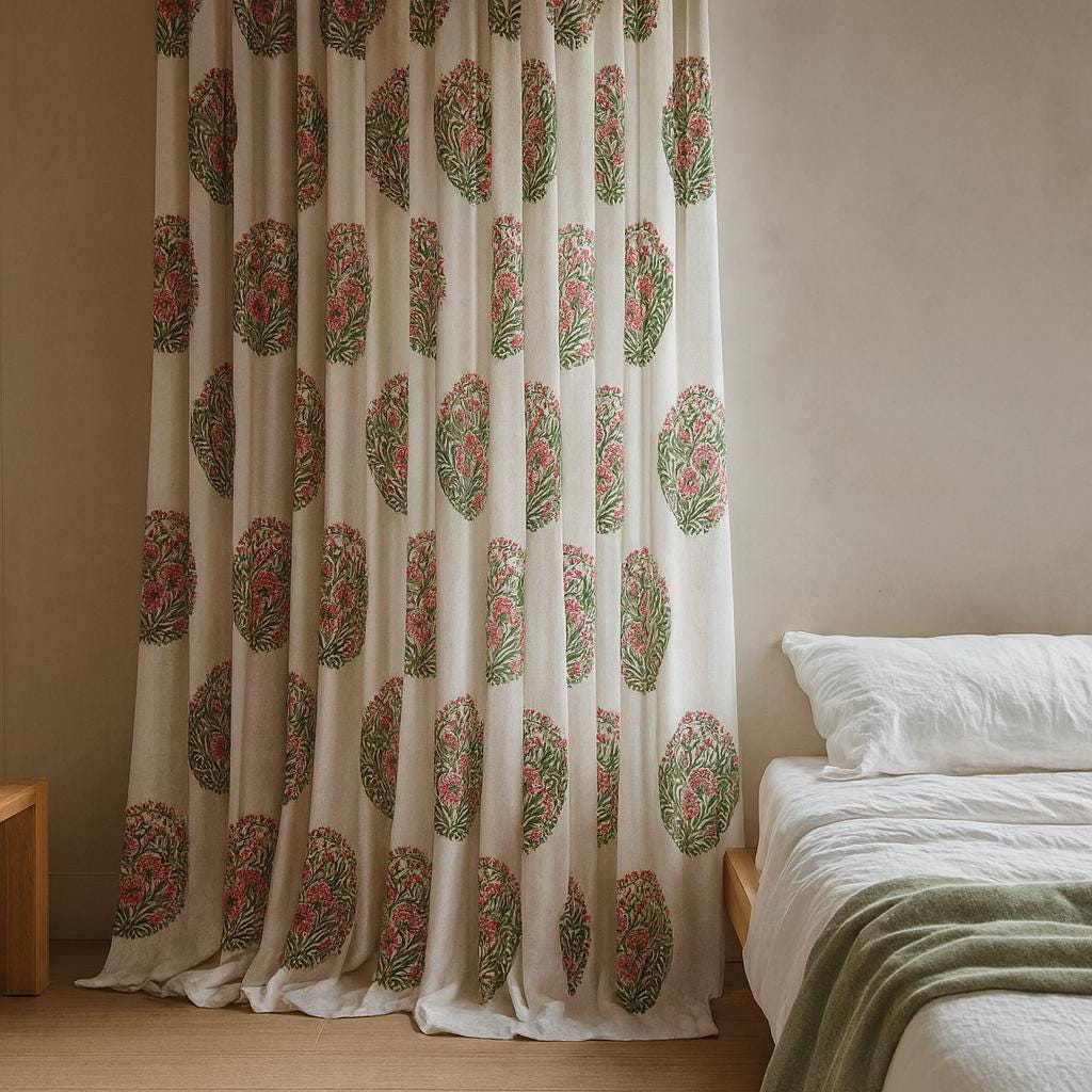 Organic Cotton Curtains - White with Pink Flowers and Leafy Green Vines — image 1