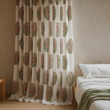 Organic Cotton Curtains - White with Pink Flowers and Leafy Green Vines — image 1