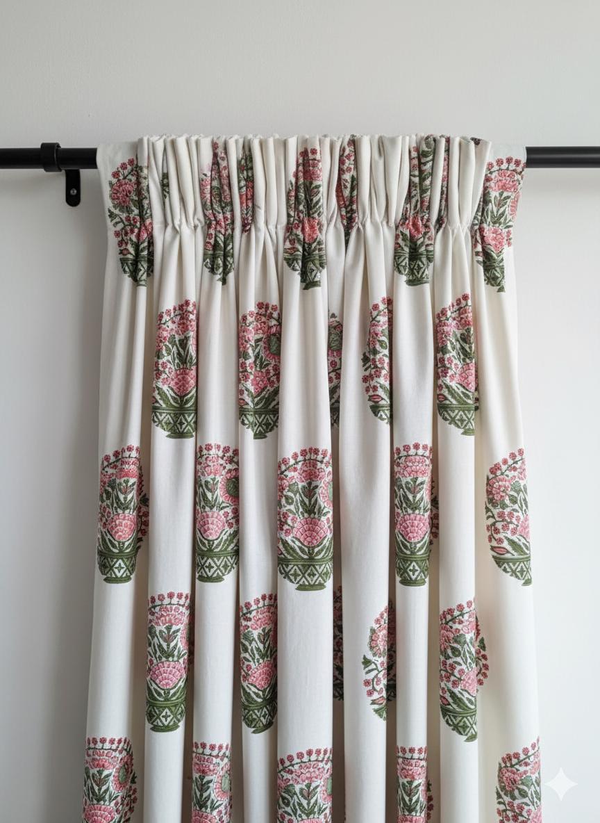 Organic Cotton Curtains - White with Pink Flowers and Leafy Green Vines — image 3
