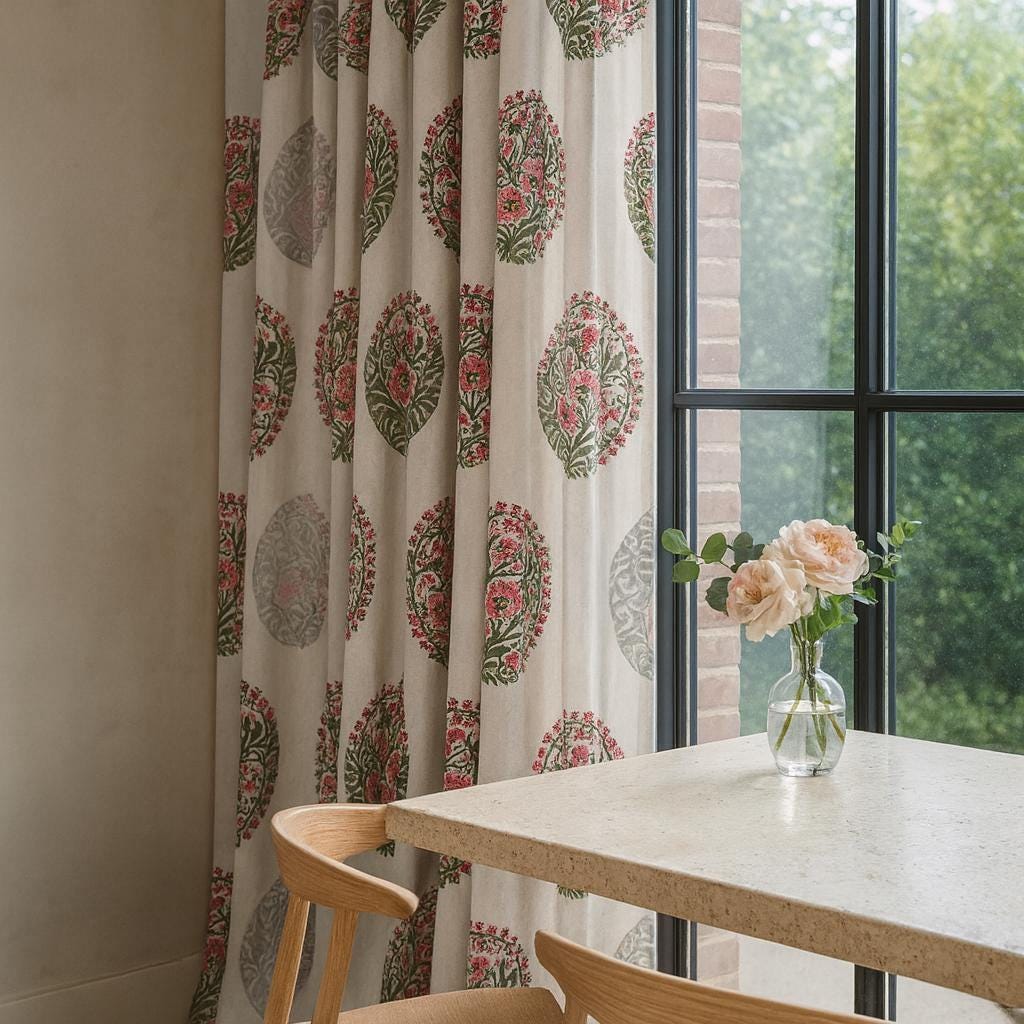 Organic Cotton Curtains - White with Pink Flowers and Leafy Green Vines — image 4