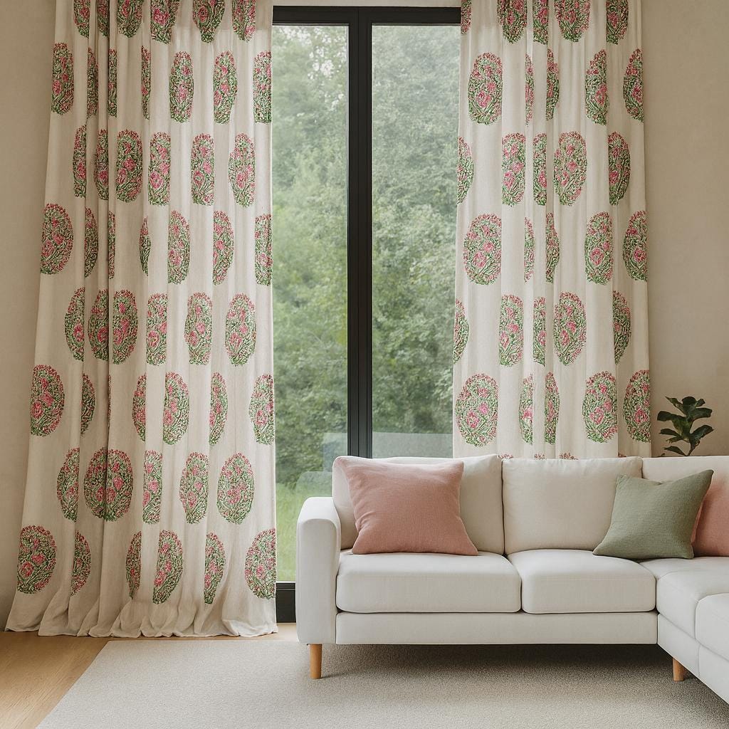 Organic Cotton Curtains - White with Pink Flowers and Leafy Green Vines — image 6