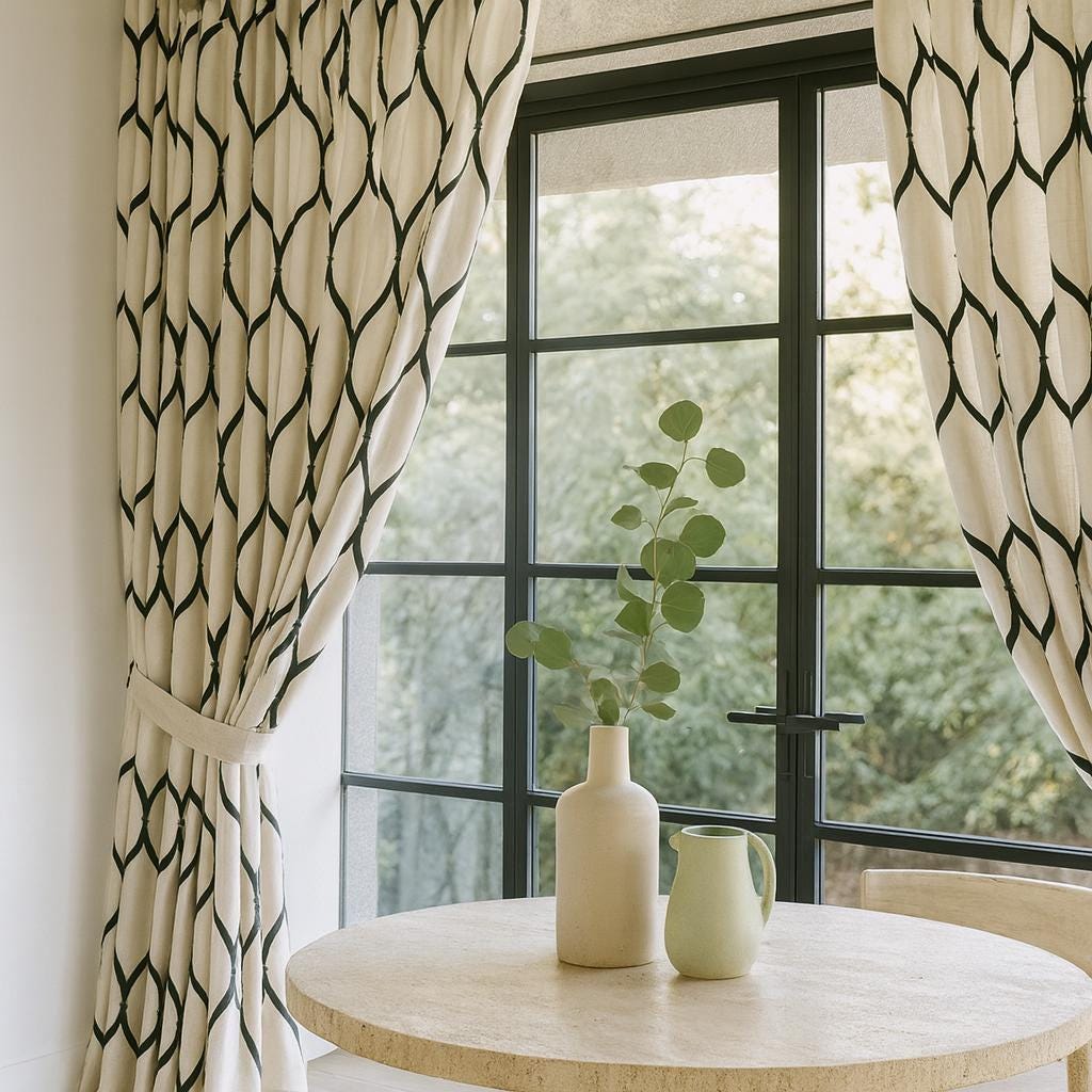 Embroidered Linen Curtains: Ivory & Charcoal Grey Ogee Lattice — image 4