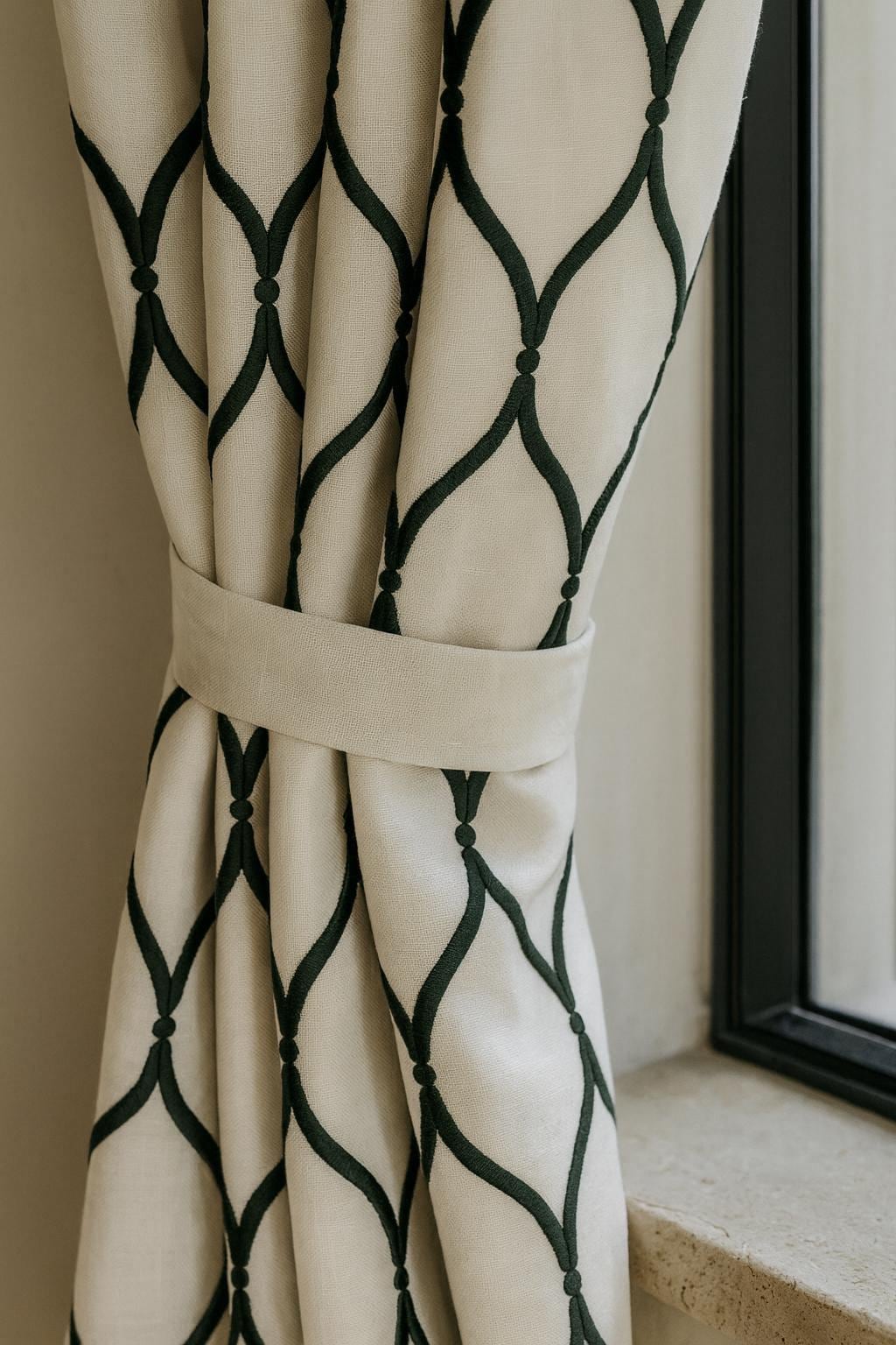 Embroidered Linen Curtains: Ivory & Charcoal Grey Ogee Lattice — image 1