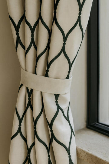 Embroidered Linen Curtains: Ivory & Charcoal Grey Ogee Lattice — image 1