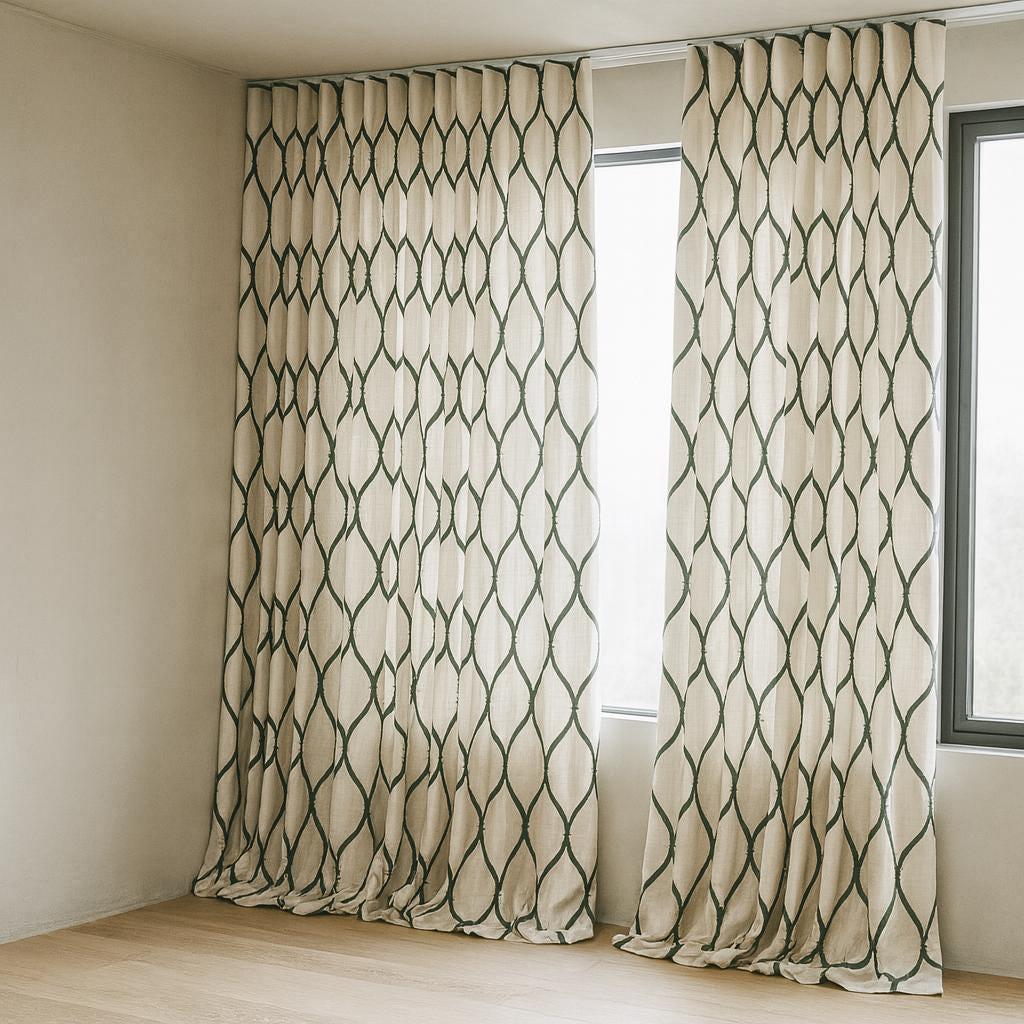 Embroidered Linen Curtains: Ivory & Charcoal Grey Ogee Lattice — image 5