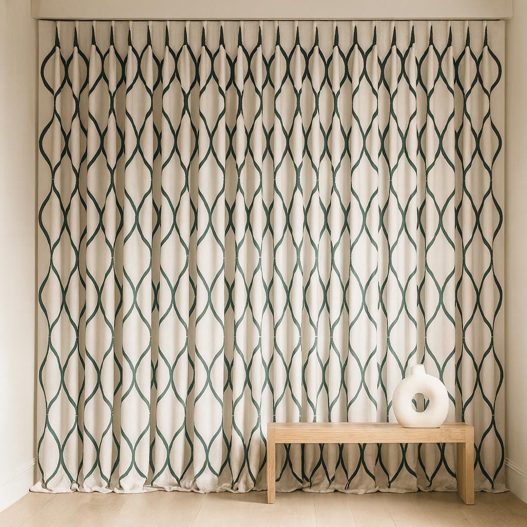 Embroidered Linen Curtains: Ivory & Charcoal Grey Ogee Lattice — image 6