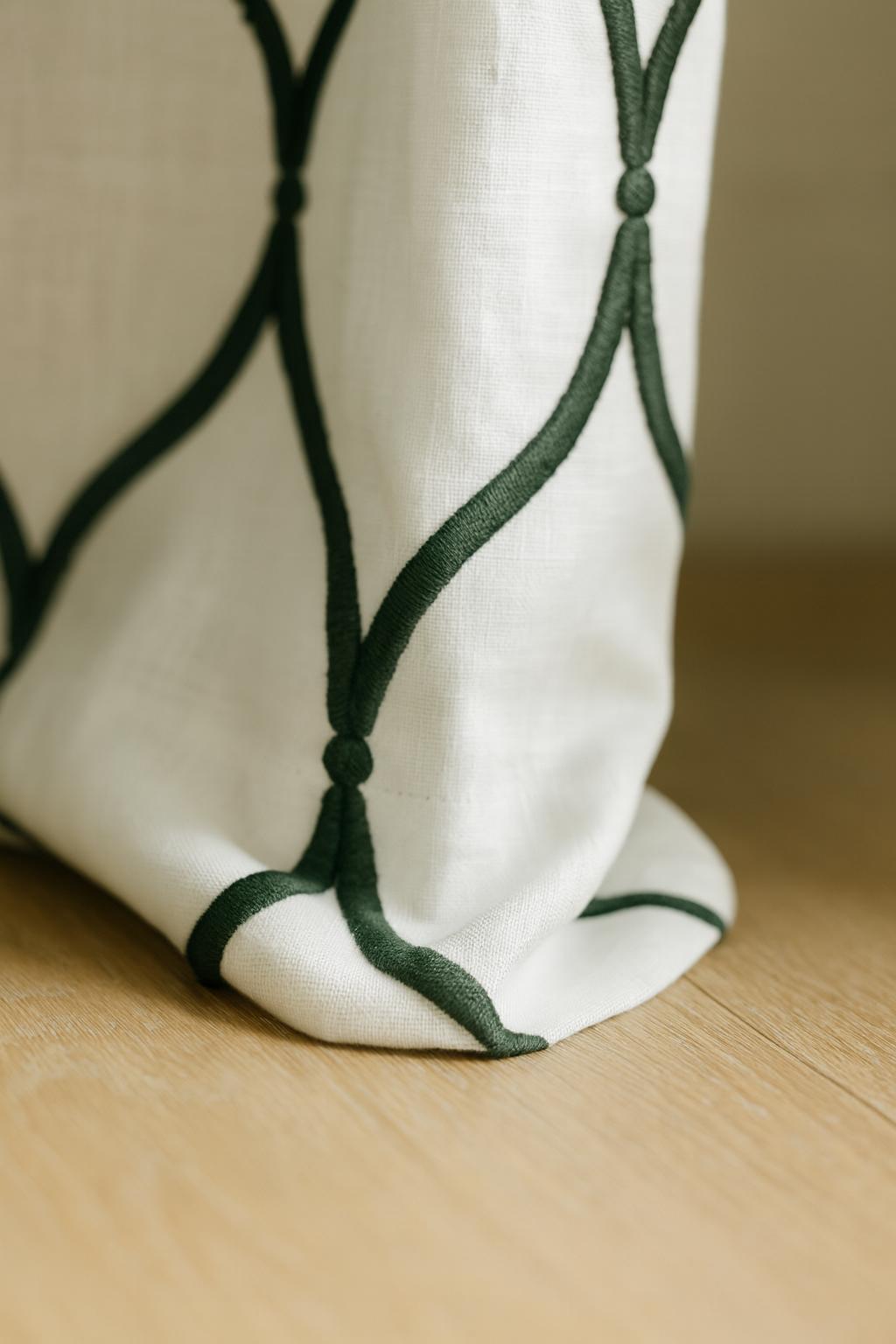 Embroidered Linen Curtains: Ivory & Charcoal Grey Ogee Lattice — image 2