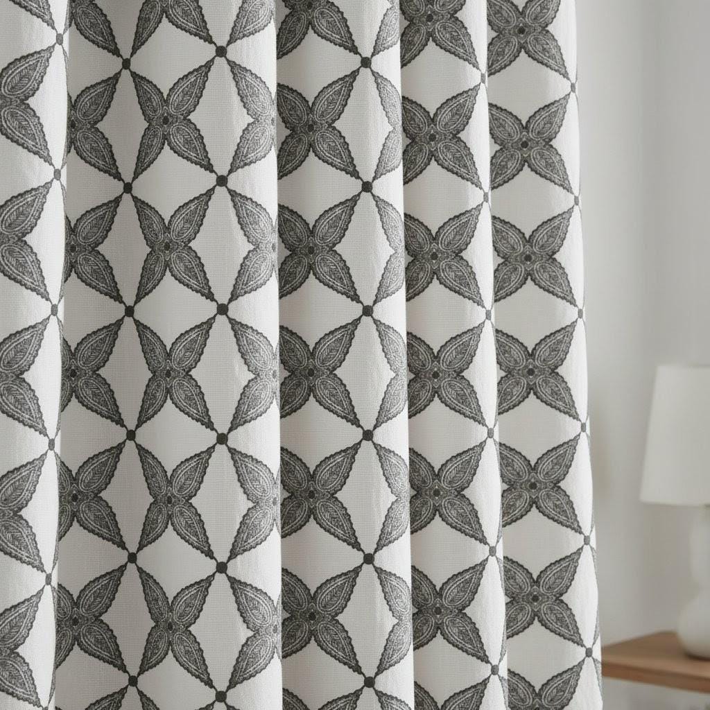 Embroidered Linen Curtain Panels, White with Charcoal Lattice (Custom Lengths) — image 4