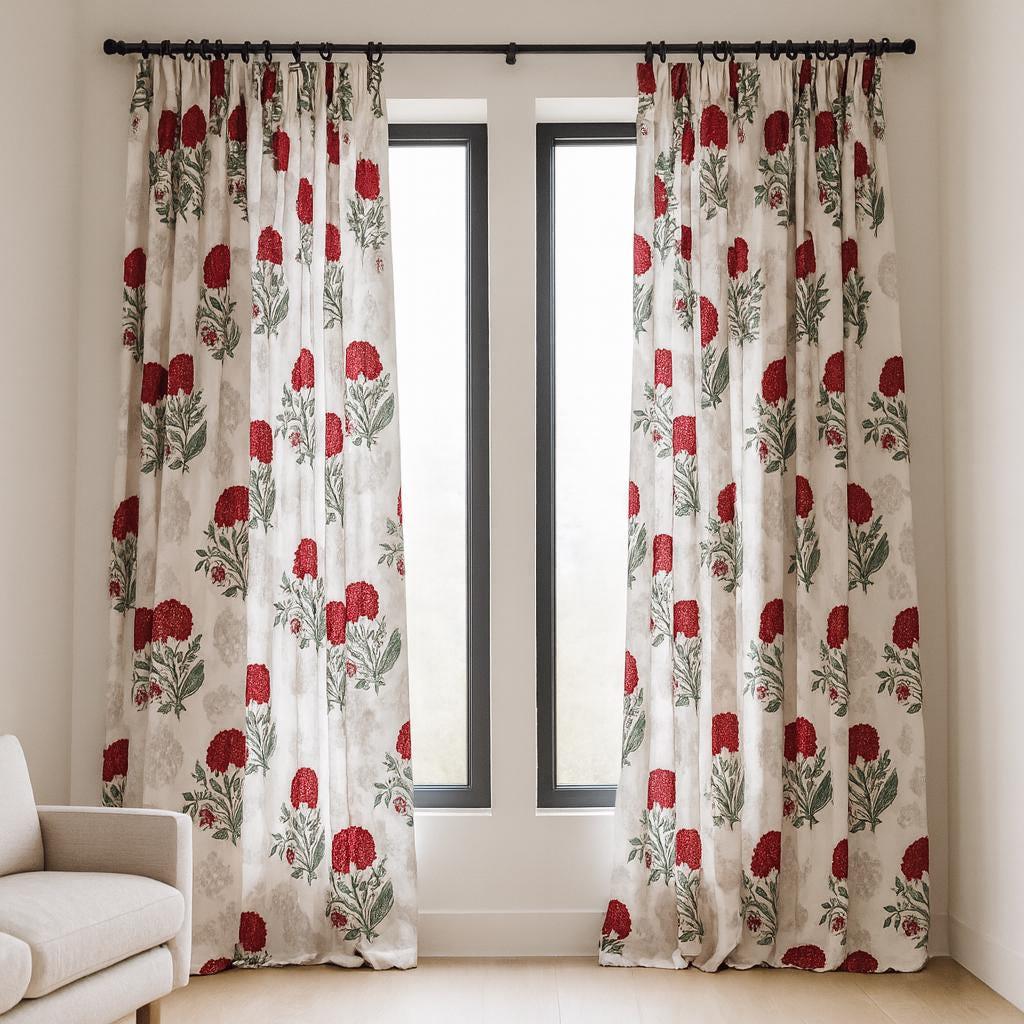 Indian Hand Block Printed Curtains, Red Floral on White (Organic Cotton) — image 1