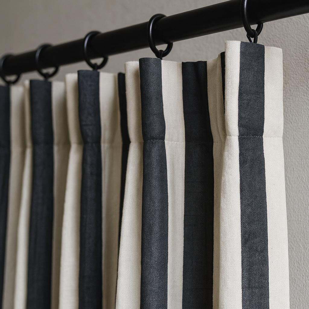 Hand Block Printed Curtains - Organic Cotton, Black & White Stripes — image 1