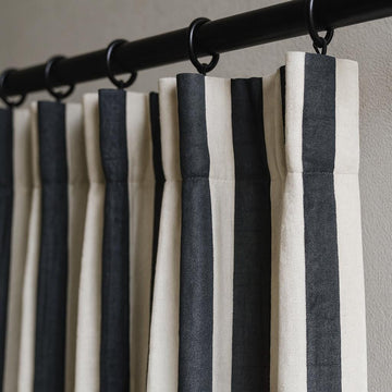 Hand Block Printed Curtains - Organic Cotton, Black & White Stripes — image 1