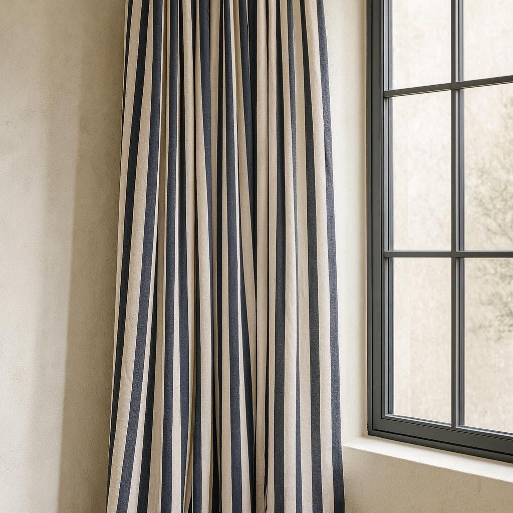 Hand Block Printed Curtains - Organic Cotton, Black & White Stripes — image 1