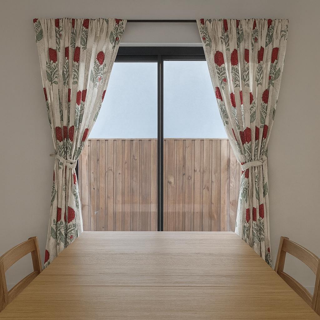 Indian Hand Block Printed Curtains, Red Floral on White (Organic Cotton) — image 6