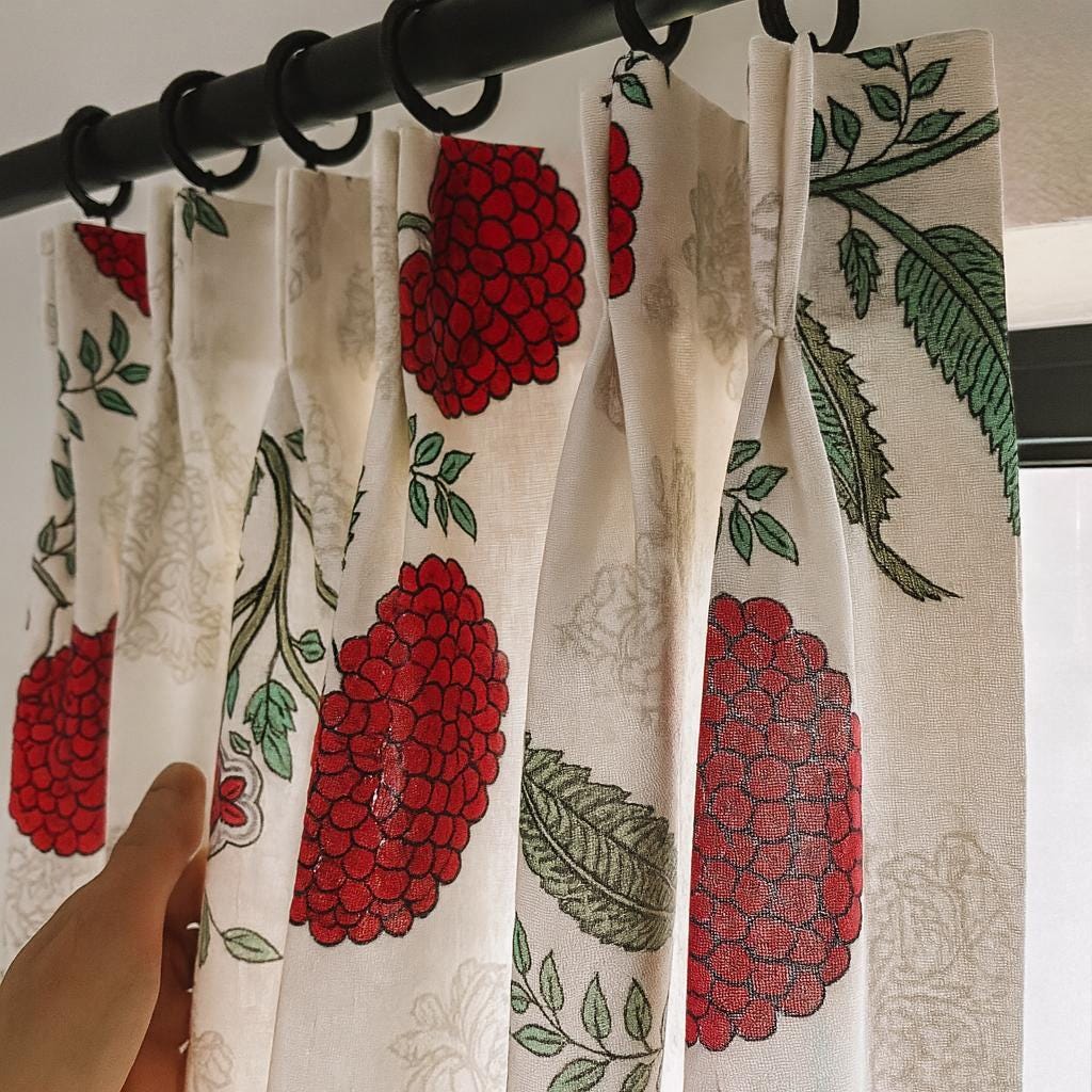 Indian Hand Block Printed Curtains, Red Floral on White (Organic Cotton) — image 8